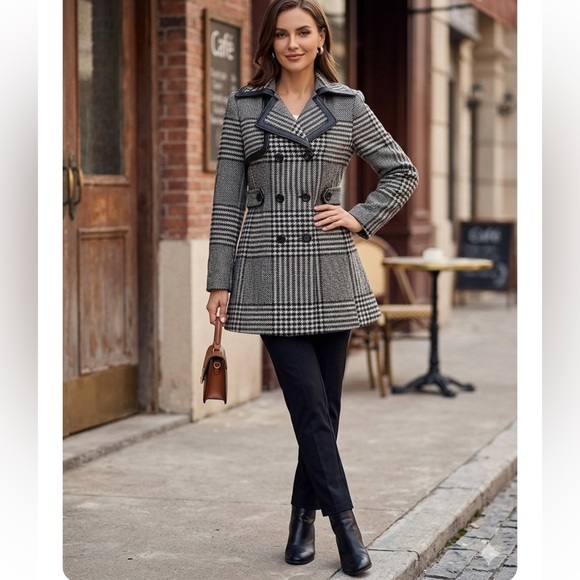 Arden B Jackets & Blazers - Arden B Glen Plaid Pea Coat: Leather Trim Double Breasted Office Siren
